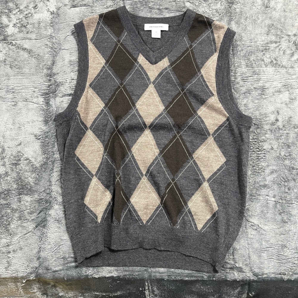 Pronto Uomo Sweater Vest Mens M Grey Argyle V-Neck Knit Wool Blend